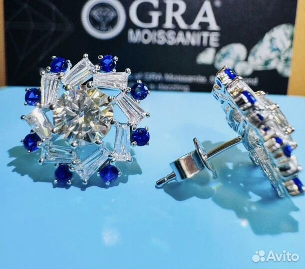 Муассанит бриллиант комплект с сапфирами 4 ct