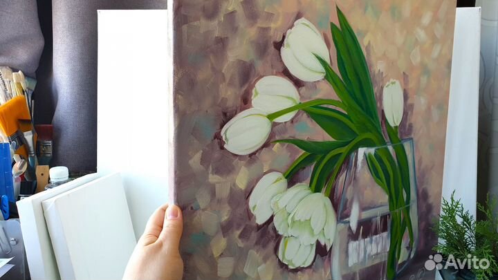 Картина Тюльпаны белые цветы 50х50см холст масло