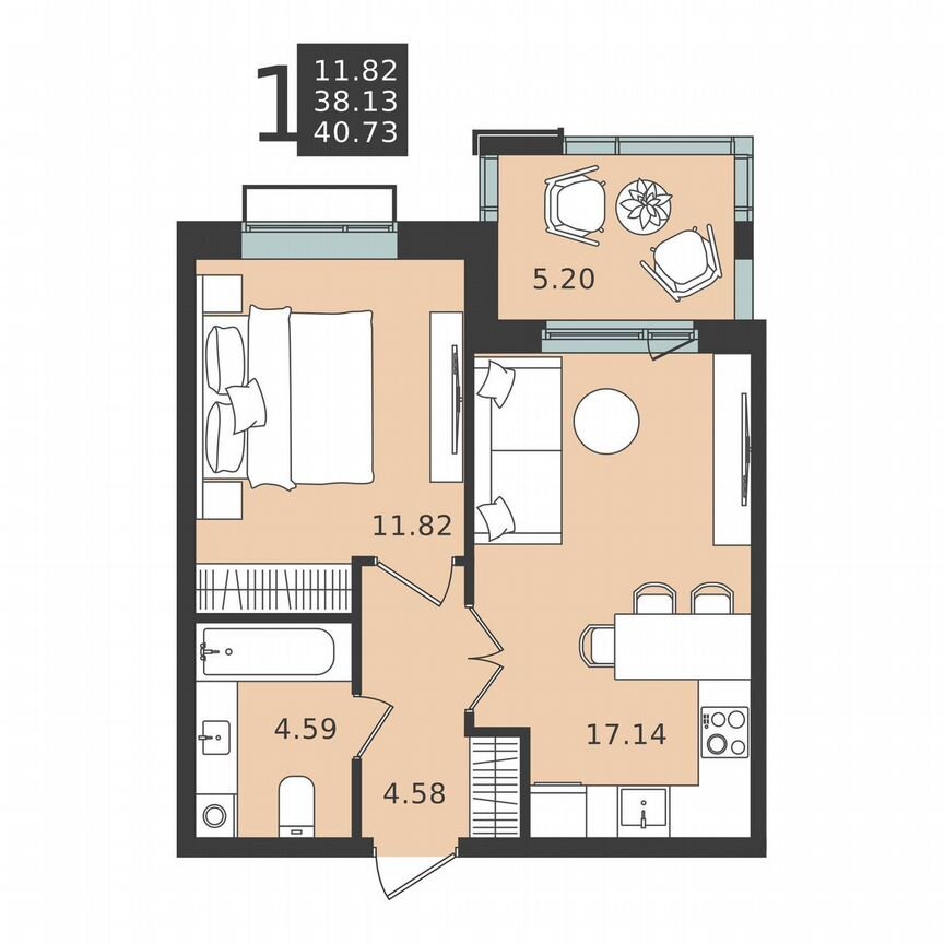 1-к. квартира, 40,7 м², 5/6 эт.