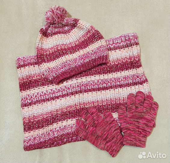 Комплект шапка, шарф, перчатки для девочки 6-10