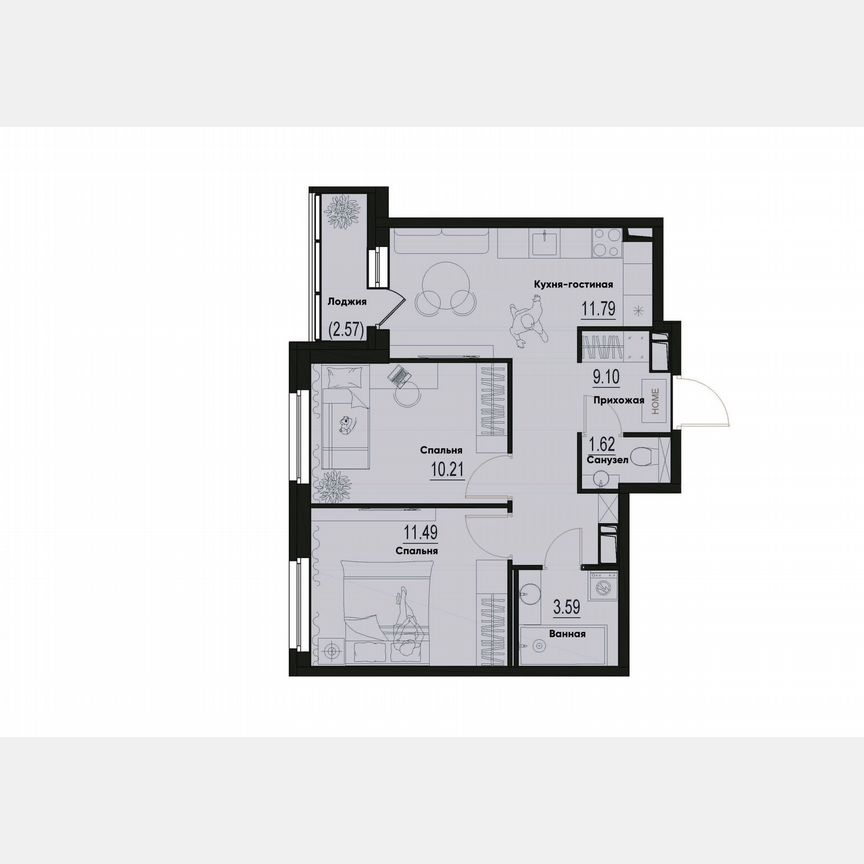 2-к. квартира, 49,1 м², 10/12 эт.