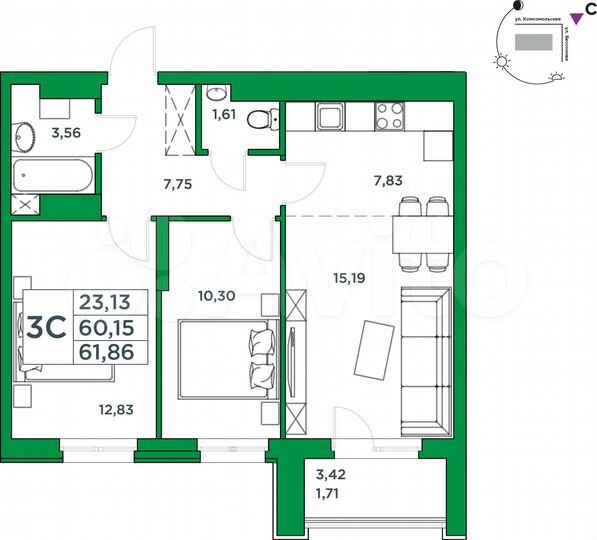 2-к. квартира, 60,2 м², 9/20 эт.