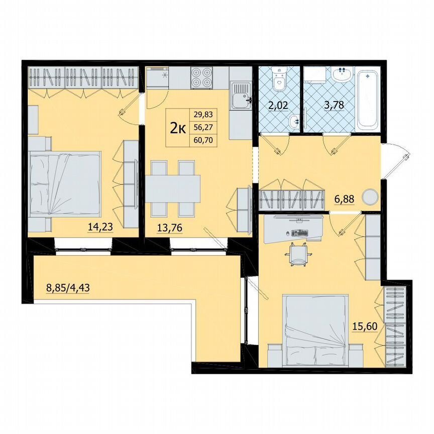 2-к. квартира, 60,7 м², 9/9 эт.