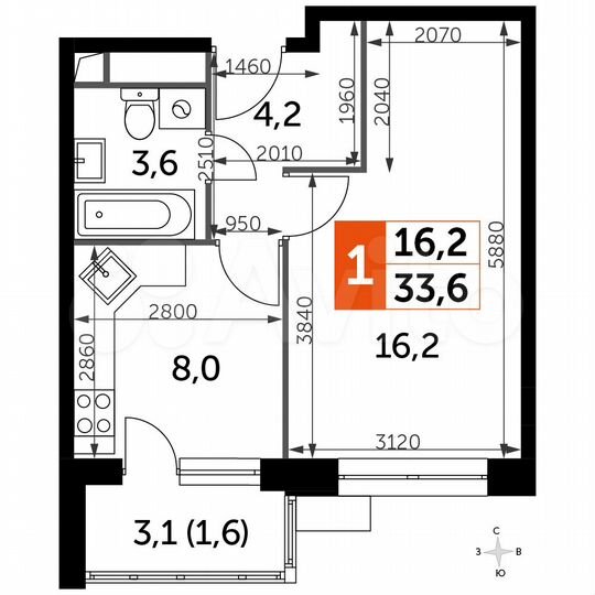 1-к. квартира, 33,6 м², 8/9 эт.