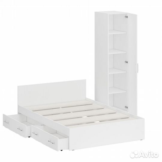 Кровать белая двуспальная с ящиками 1400 с пеналом Стандарт, цвет белый, спальное место 1400х2000 мм
