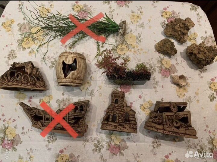 Украшения для аквариума, домики, водоросли, грунт