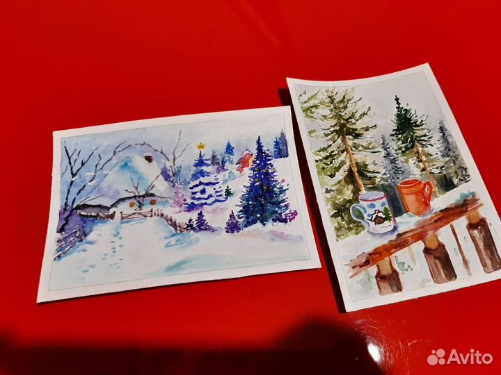 Открытки акварельные новогодние