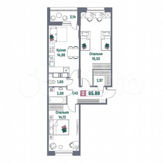 2-к. квартира, 65,9 м², 4/16 эт.