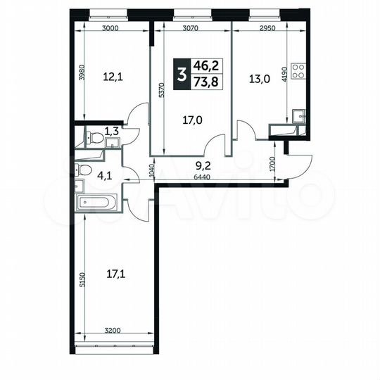 3-к. квартира, 73,8 м², 13/17 эт.