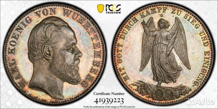1 Талер 1871 Вюртемберг Победный pcgs мs63