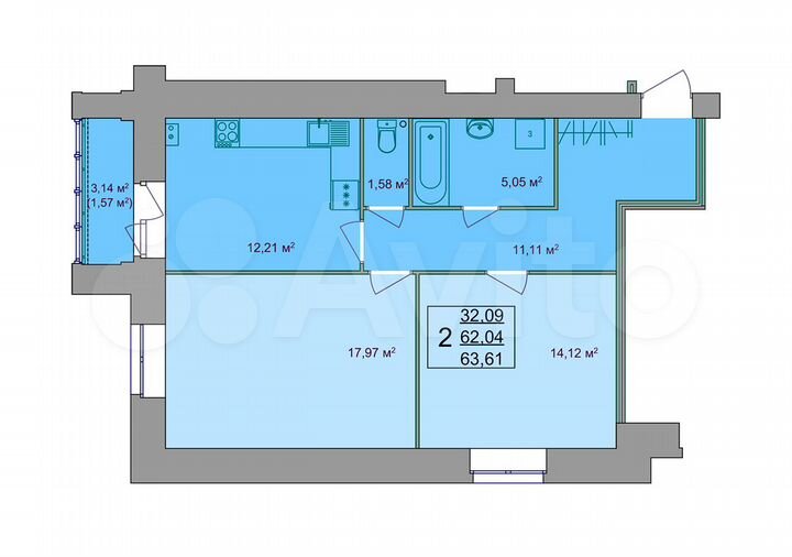 2-к. квартира, 63,6 м², 1/9 эт.