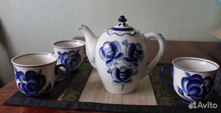 Чайник 14 см Гжель Ручная работа + чашки