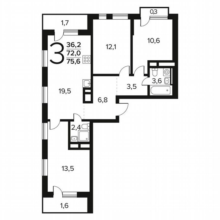 3-к. квартира, 75,6 м², 3/14 эт.