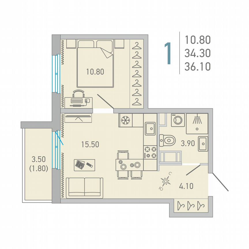 1-к. квартира, 36,1 м², 11/17 эт.