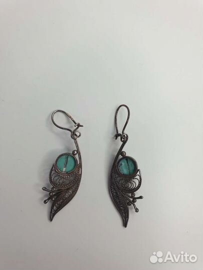 Серебряные серьги СССР 875 пробы с бирюзой