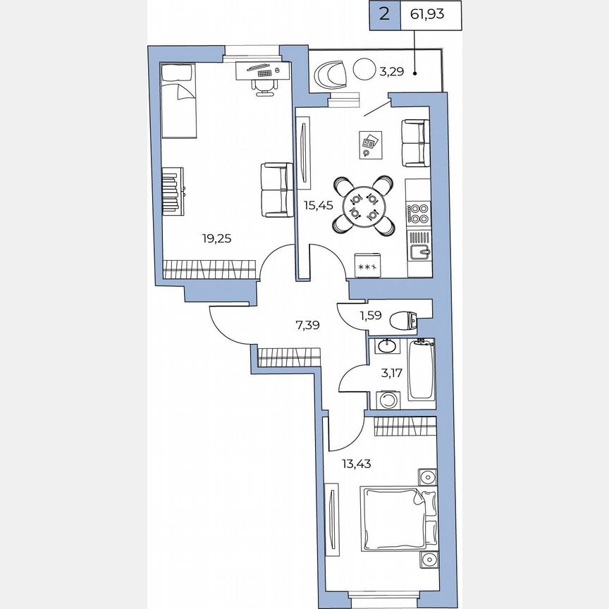 2-к. квартира, 60,3 м², 21/24 эт.