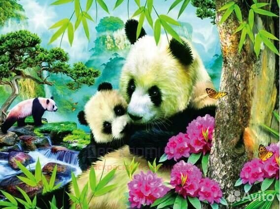 Алмазная мозаика 20x30 Панды в цветущих джунглях