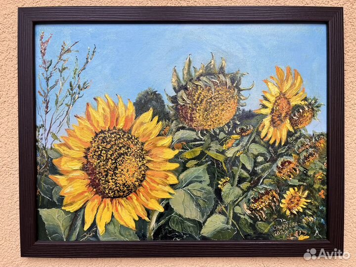 Картина маслом на холсте подсолнухи для интерьера