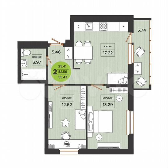 2-к. квартира, 55,4 м², 26/26 эт.