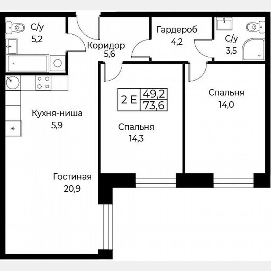 2-к. апартаменты, 73,6 м², 2/30 эт.