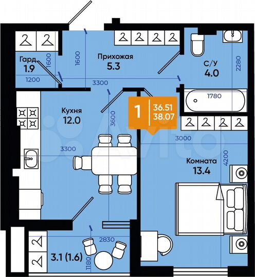 1-к. квартира, 38,1 м², 8/9 эт.