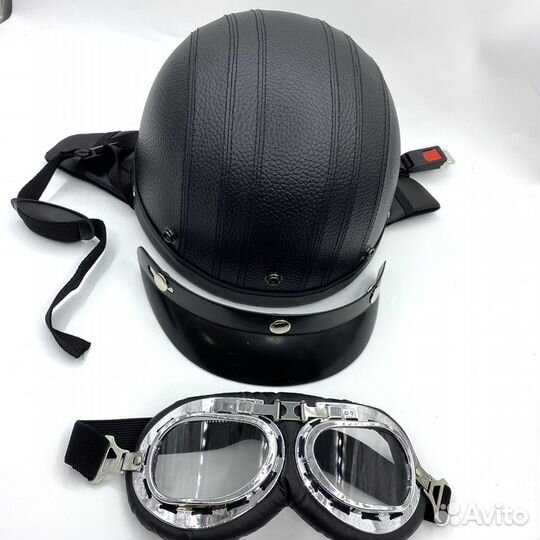 Шлем (открытый) с очками Чоппер кожа черный
