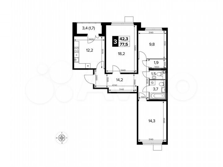 3-к. квартира, 77,8 м², 14/15 эт.