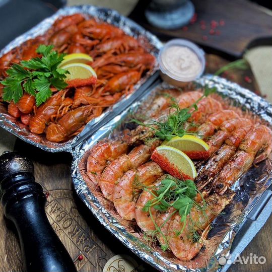 Креветки, мидии, морепродукты (вареные, жареные и