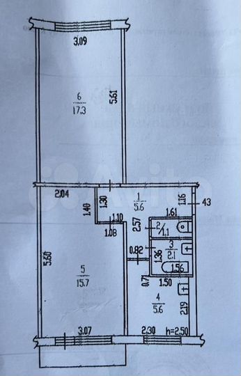 2-к. квартира, 47,4 м², 5/5 эт.