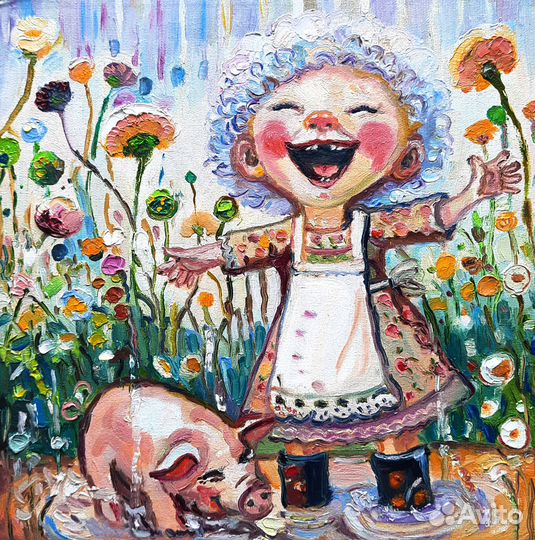 Картина маслом Маленькие друзья 20*20 см холст