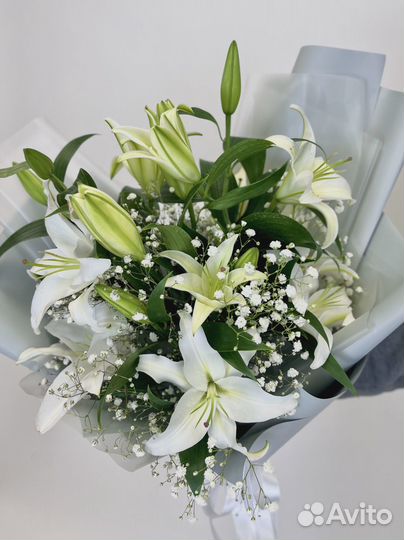 Букет из 5 белых Лилий и Гипсофилы