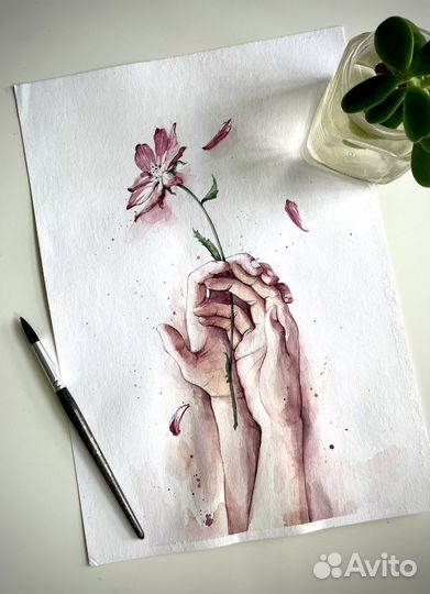 Картина акварелью цветок, руки влюблённых