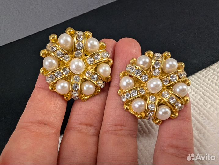 Винтажные клипсы с жемчугом и кристаллами