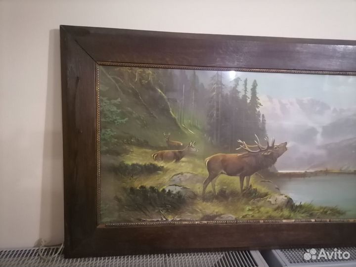 Старинная Картина Олени у озера. Большая