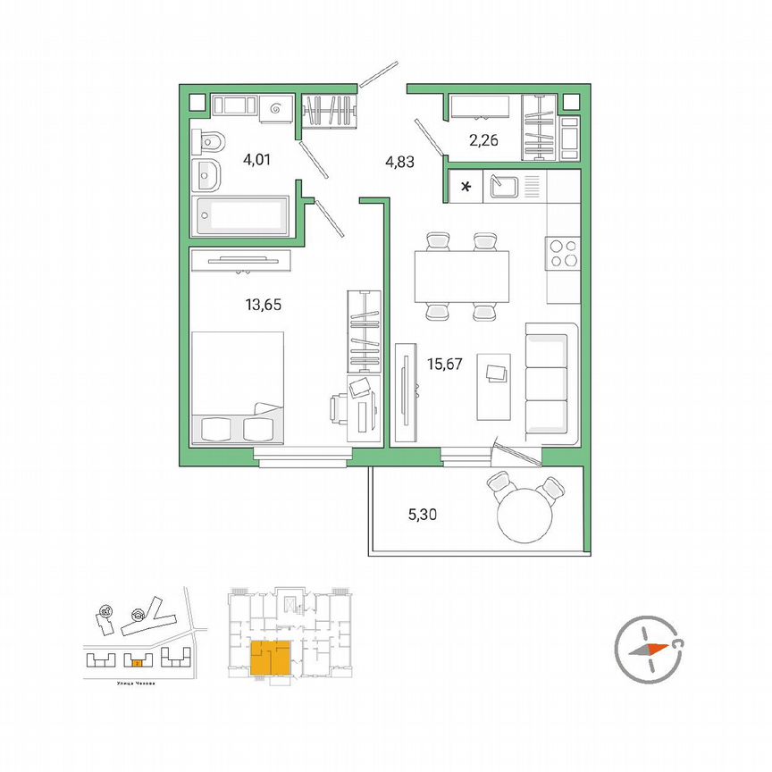 1-к. квартира, 42,1 м², 1/9 эт.