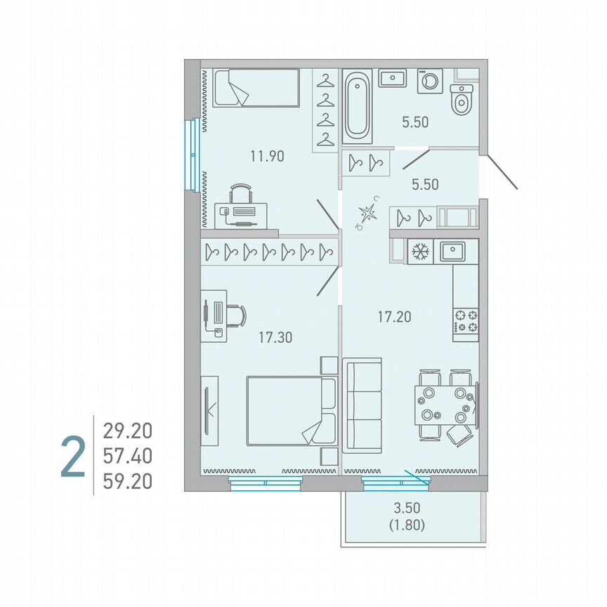 2-к. квартира, 59,2 м², 11/17 эт.