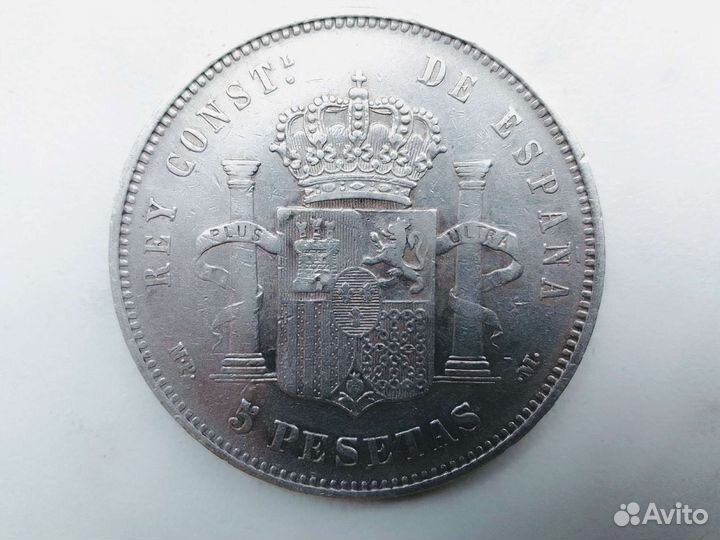 Монета 5 песет 1888г. Испания. Серебро 25грам