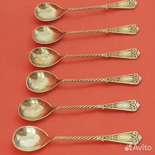 Ложка чайная из серебра с позолотой 875 проба 6 шт