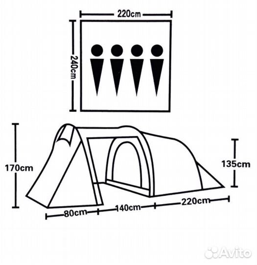 Четырехместная палатка с тамбуром Р-р 440х240х135