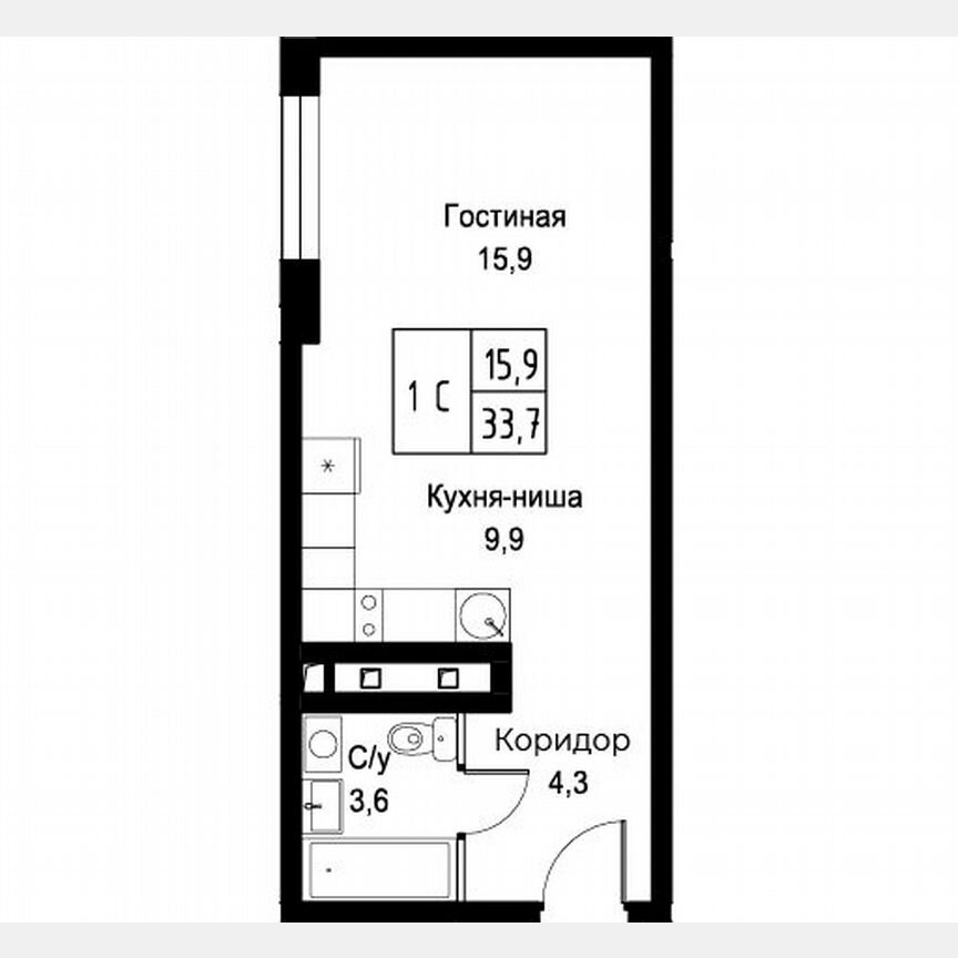 Апартаменты-студия, 33,7 м², 16/30 эт.