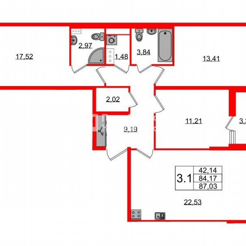 3-к. квартира, 84,2 м², 9/12 эт.