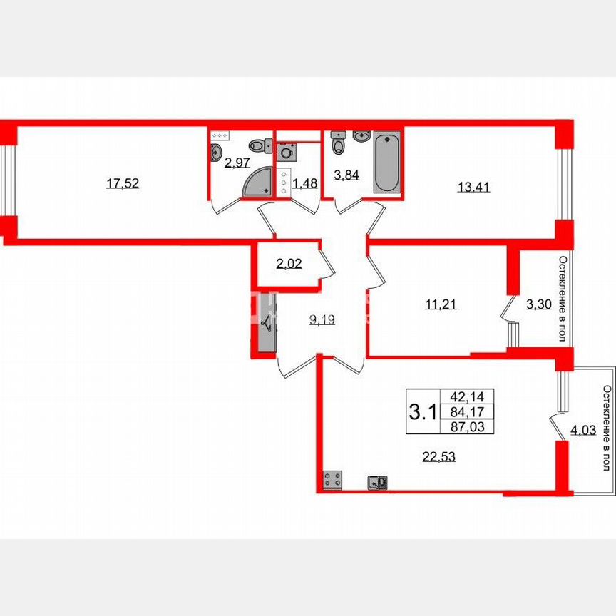 3-к. квартира, 84,2 м², 9/12 эт.