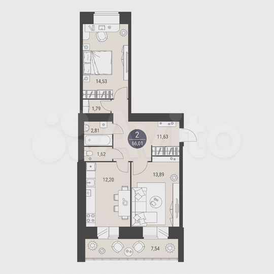 2-к. квартира, 66 м², 10/10 эт.
