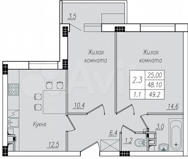 2-к. квартира, 49,2 м², 1/10 эт.