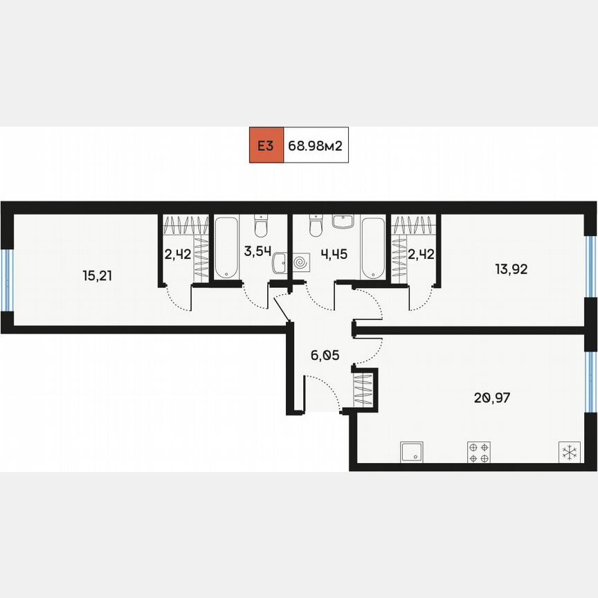 2-к. квартира, 69,1 м², 1/9 эт.