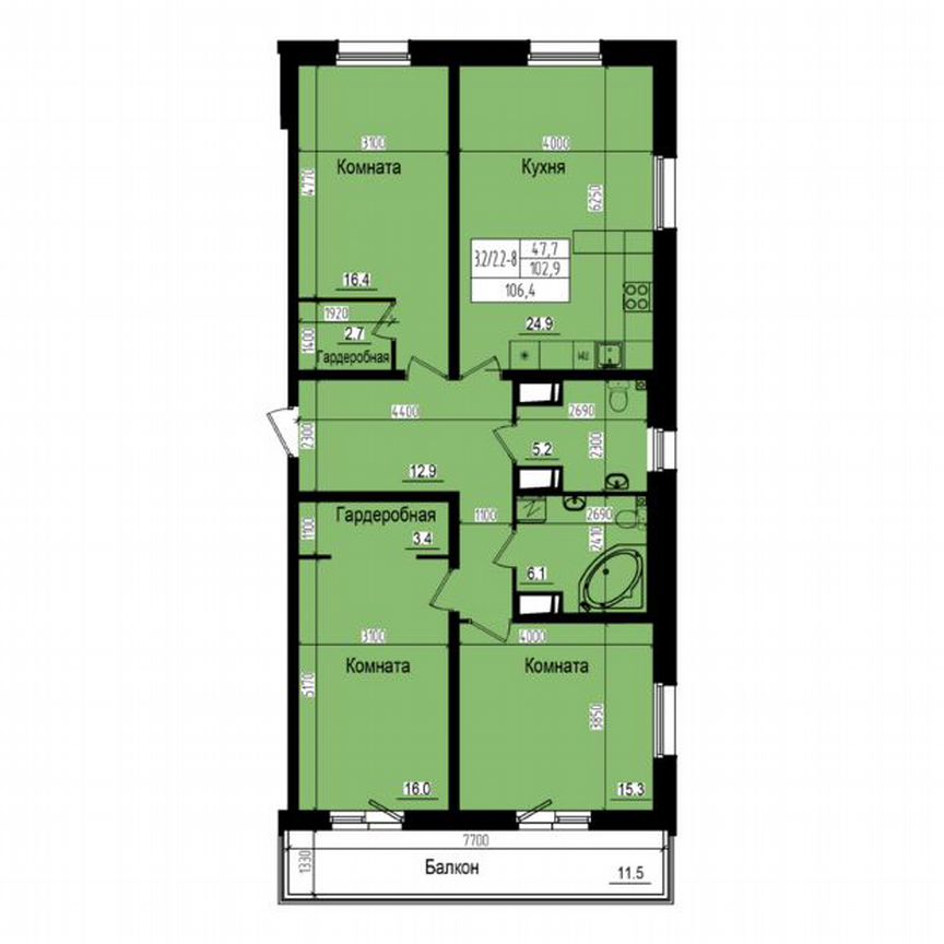 3-к. квартира, 106,4 м², 8/23 эт.