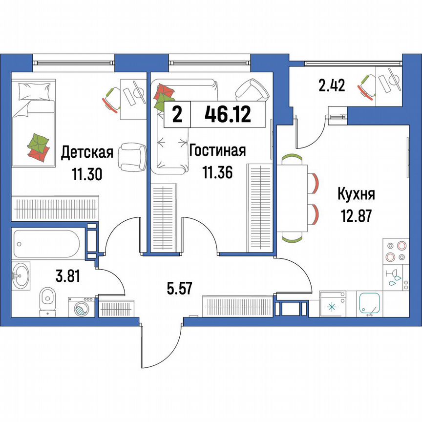 2-к. квартира, 46,1 м², 15/16 эт.