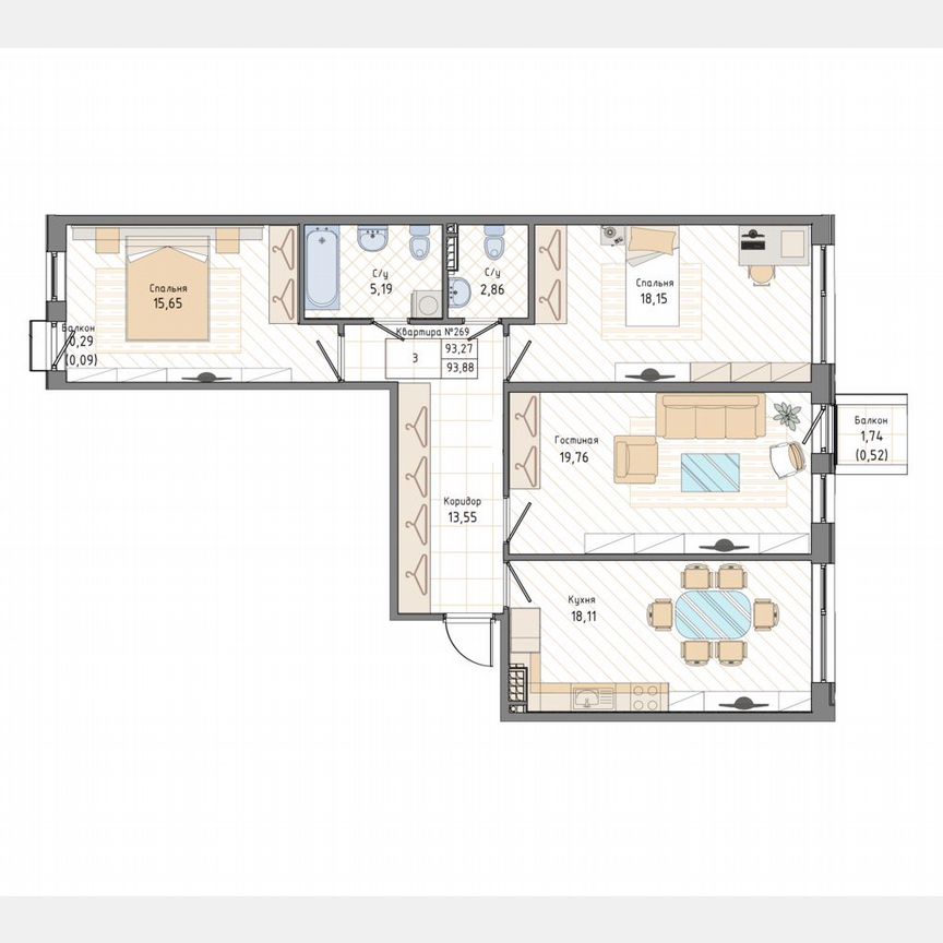 3-к. квартира, 94,1 м², 5/9 эт.