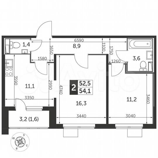 2-к. квартира, 54,7 м², 23/25 эт.