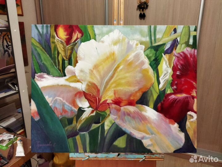 Ирисы цветы картина маслом на подрамнике